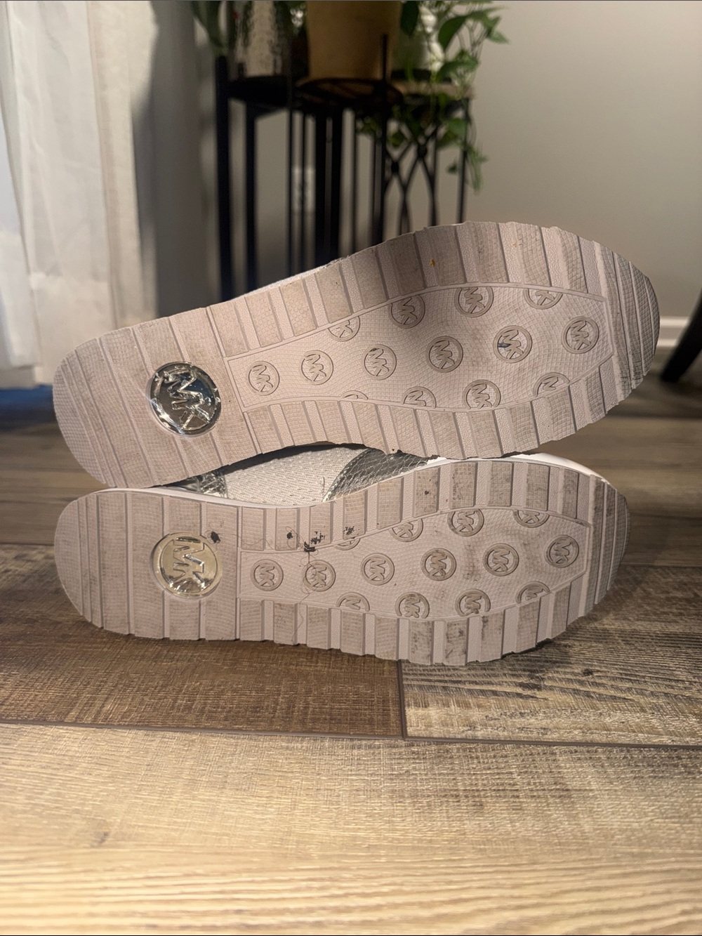 Michael Kors White and Gray Knit Lace-Up Sneakers with Metallic Accent - Picture 3 of 7